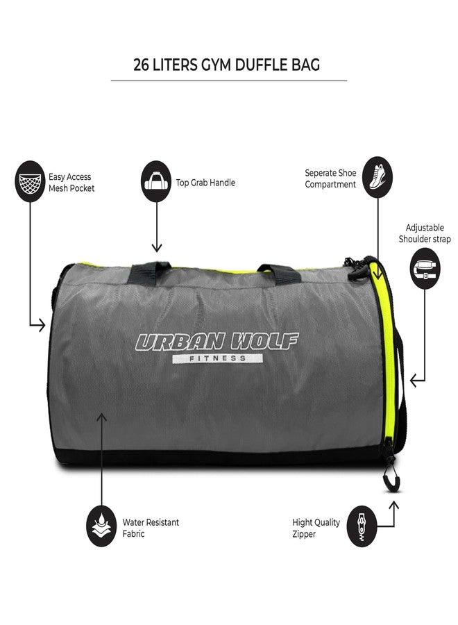 Urban Wolf 26L Gym Duffle Bag | Unisex Grey & Green Zipper | Separate Shoe Compartment | Quick Access Pocket | Durable Polyester | Multi-Functional Sports & Travel Bag | Dimensions 49x23x23 cm - Image 2